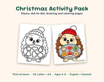 May include: Christmas Activity Pack featuring mazes, dot-to-dot, drawing, and colouring pages. The text reads Christmas Activity Pack, Print at home, US Letter + A4, Ages 4-6, English + Deutsch. Includes a hedgehog holding a tray of cookies.