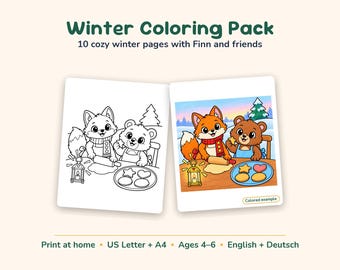 May include: Winter Colouring Pack featuring 10 pages with Finn and friends. Includes a black and white line art page and a coloured example showing a fox and bear baking cookies in a kitchen with a lantern, pine tree, and snowy background.