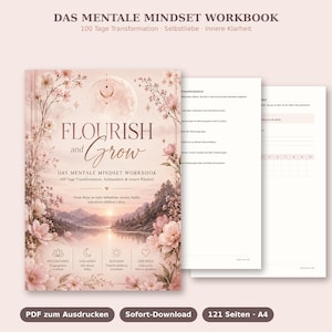 Könnte beinhalten: Ein Arbeitsbuch mit dem Titel Flourish and Grow Das Mentale Mindset Workbook. Das Cover zeigt einen Mond, Berge, einen See und rosa Blüten. Das Arbeitsbuch enthält Innenseiten mit Text und Linien zum Schreiben in einer zartrosa Farbpalette.