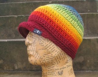 Crocheted wool hat with brim red rainbow with lining  Size L
