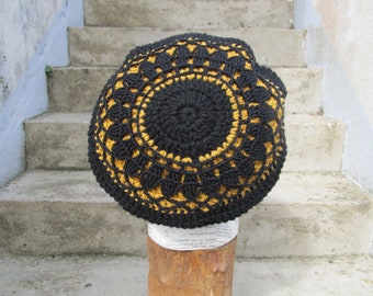 rAstA TAM - Dread Hat - Size M - with crocheted Mandala -  black & curry -  100% sheep wool - lined - MADE to order