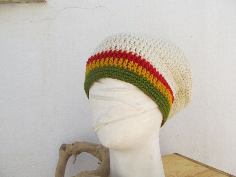 Rastahat Tam Size M creme red yellow green lined 100% wool image 3