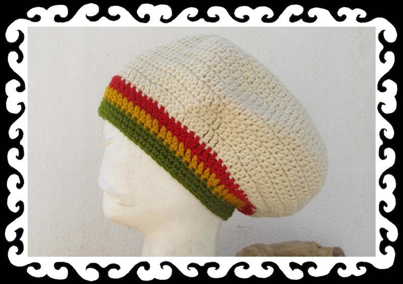 Rastahat Tam Size M creme red yellow green lined 100% wool image 1