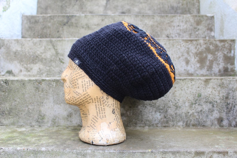 FAIRY Dread Hat Size M with Mandala black & turmeric 100% sheep wool lined image 2