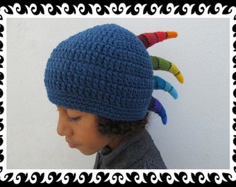 Bonnet - Dinosaure - bleu/arc-en-ciel - Taille L - laine - doublé