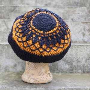 FAIRY Dread Hat Size M with Mandala black & turmeric 100% sheep wool lined image 1