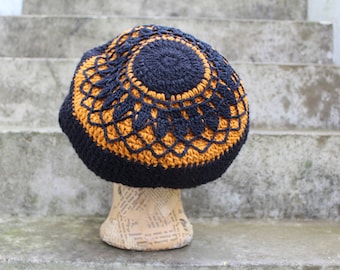 FAIRY Dread Hat - Taille M - avec Mandala - noir & curcuma - 100% laine de mouton - doublé