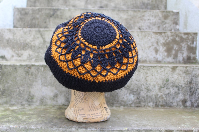 FAIRY Dread Hat Size M with Mandala black & turmeric 100% sheep wool lined image 1