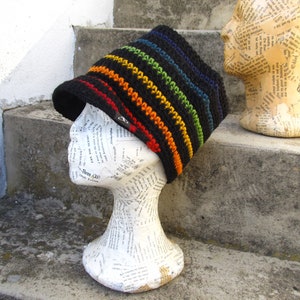 Rasta Tube Dread Headband with brim peak rainbow & black lined Size L
