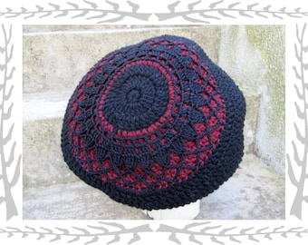 FAIRY  Dread Hat - Size M - with Mandala - black & red - 100%  sheep wool - lined