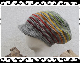 Dread Tam - Size M - grey rainbow stripes - lined - 100% wool - brimmed