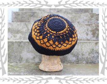 FAIRY  Dread Hat - Size M - with Mandala - black & turmeric - 100%  sheep wool - lined