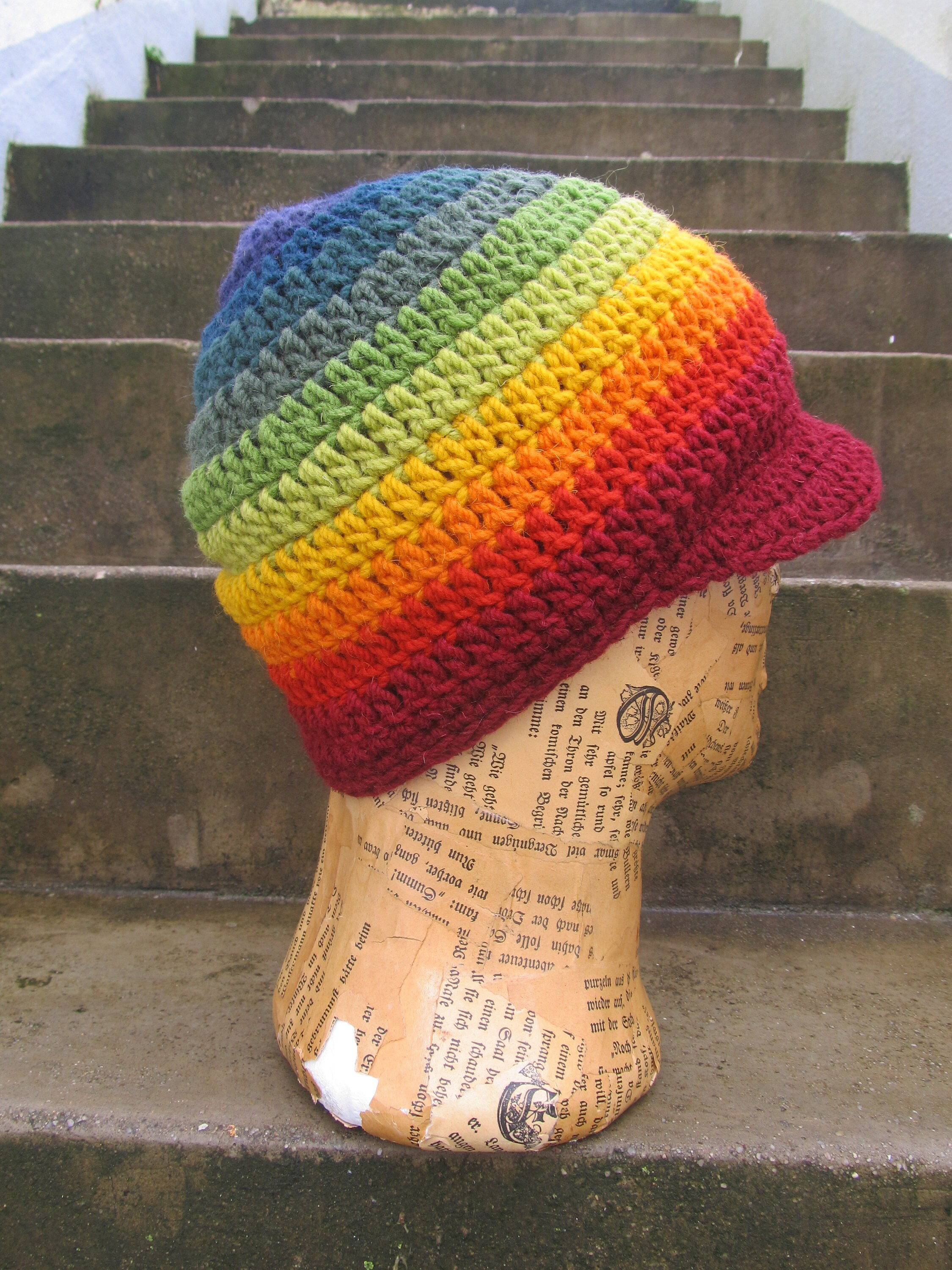 Crocheted Wool Hat With Brim Red Rainbow With Lining Size L - Etsy UK