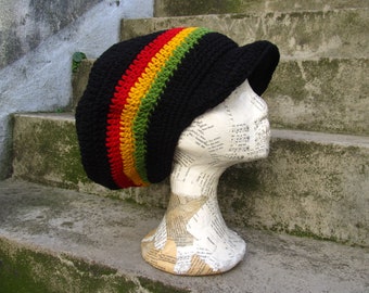 Dread Tam - Taille S - rastafari + noir - avec bord - doublé - 100% laine