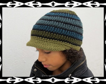 Crocheted hat with brim olive blue olive tree with lining  Size M