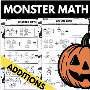 Könnte beinhalten: Ein schwarz-weißes Monster Math Arbeitsblatt mit Additionsaufgaben und Halloween-Symbolen wie Zuckermais, Kürbissen, Hexenhüten, Zaubertränken und Fledermäusen. Rechts befindet sich eine große orangefarbene Kürbisgrafik mit gelbem Banner.