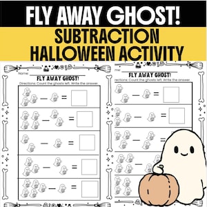 May include: A black and white printable subtraction worksheet titled Fly Away Ghost! Halloween Activity. The page features rows of maths problems with ghost illustrations holding pumpkins, blank boxes for answers, and a large ghost graphic.