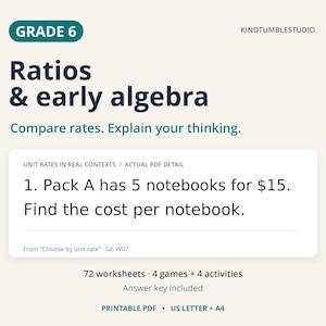 May include: A Grade 6 educational worksheet titled Ratios & early algebra by KINDTUMBLESTUDIO. It features a math problem about unit rates, noting 72 worksheets, 4 games, 4 activities, and an answer key. The document is a printable PDF in US Letter and A4.