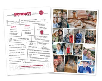 Könnte beinhalten: Eine Collage aus Familienfotos mit rotem und weißem Rand. Der Text "The Bennett Family 2023 A Year in Review" befindet sich oben auf der Collage. Die Collage enthält Fotos einer Familie beim Jagen, Tennisspielen und Feiern eines Geburtstages. Der Text "Happy 2024!" befindet sich unten auf der Collage.