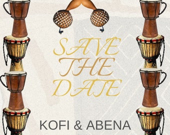 Drums Save the Date Template Editable Afrocentric Kente Cowrie Shells Save the Date, Printable template