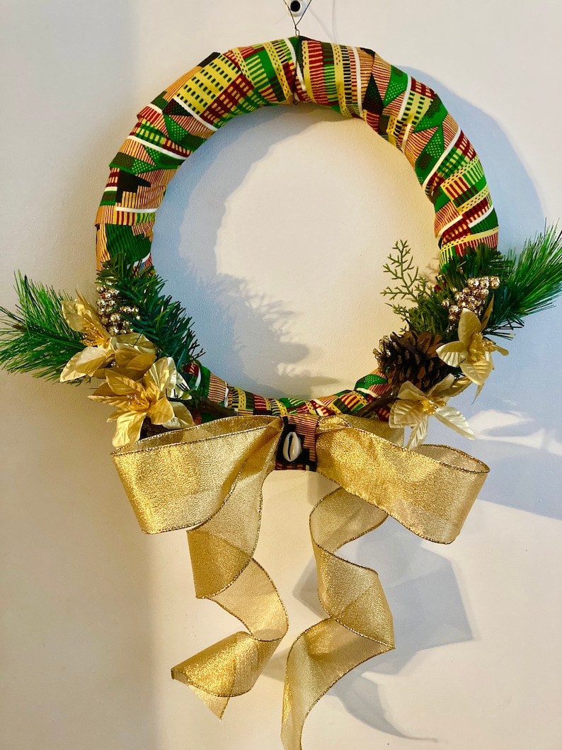 African Wreath Kente Wreath Choose Traditional Kente, Green Kente or Red Green Black History Month, Everyday Kente gold 2nd pic