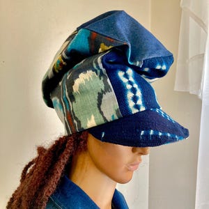 Eclectic Indigo Patchwork Ikat Bogolanfini Denim Slouchy Hat Rasta Hat Reversible