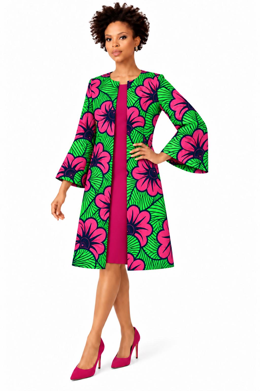 African Print Dress Pink Green