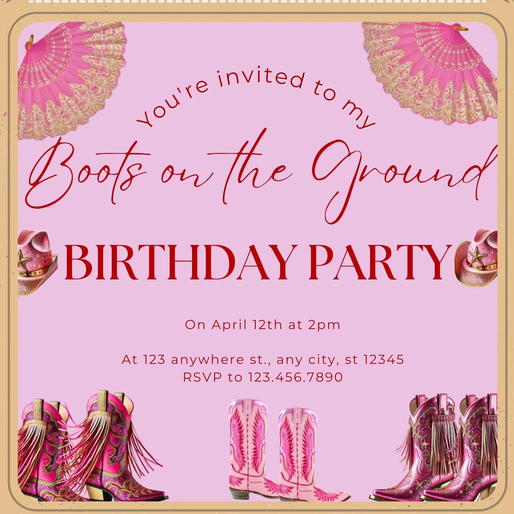Boots on the Ground Party Invite Square Shape  Editable in free Canva app Printable & Mobile Animated template
