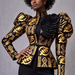 African Print Jacket Women Gye Nyame Blazer Black Gold Ankara Peplum Jacket Puff Sleeve Statement Jacket Ruffle Applique Blazer Handmade