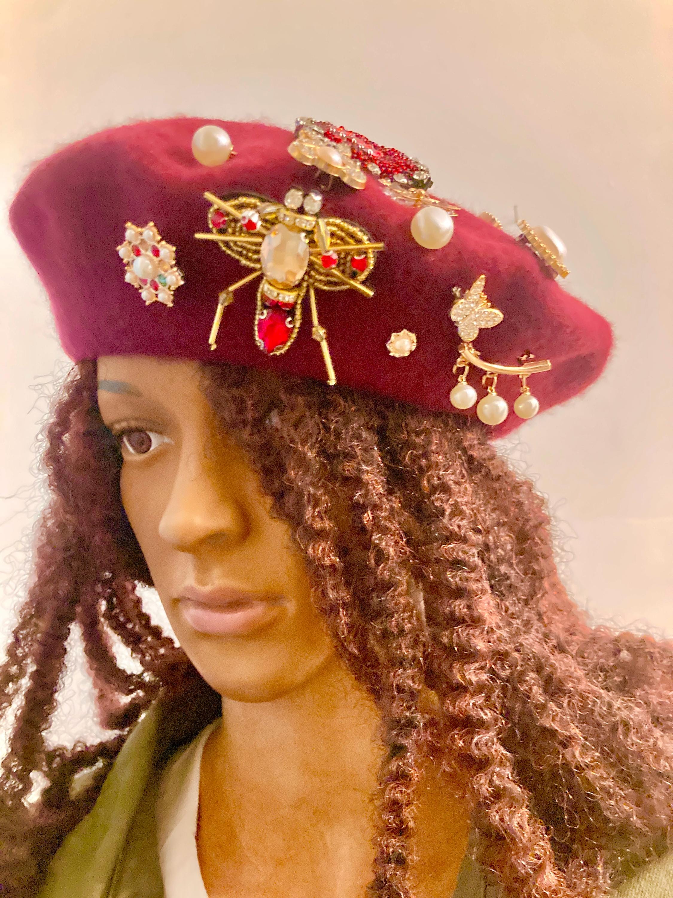 Embellished Bejeweled Beret Statement Beret Burgundy Beret  display picture 1