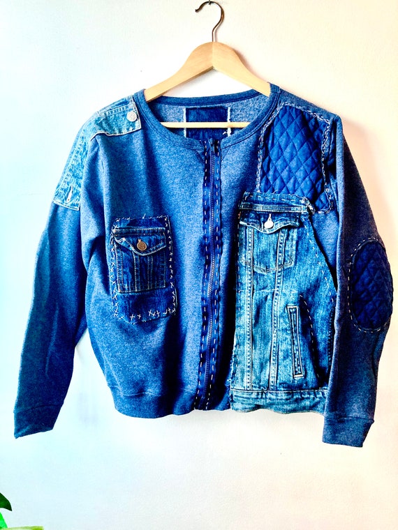 BORO Indigo Bytes... Rustic Sweatshirt Jacket  w/ Deconstructed Elements Size SMALL Women Size Elbow Patches