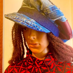 Oversized Newsboy Hat, Rough Edge Patchwork Cap in Recycled Denim, Burgundy Leather and Herringbone Flannel