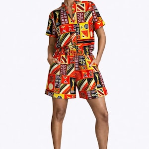 Ankara Patchwork Romper för kvinnor Afrikanskt tryck Kortärmad Playsuit Sommarjumpsuit med dragkedja fram och fickor Festivalresort Outfit