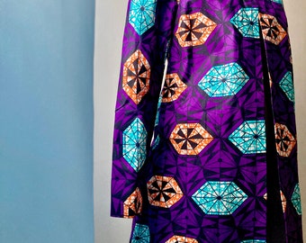 Purple African Print Long Collarless Jacket with pockets