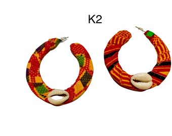 Kente Earrings Mudcloth Earrings African Earrings with Cowrie Shells Hoop Earrings