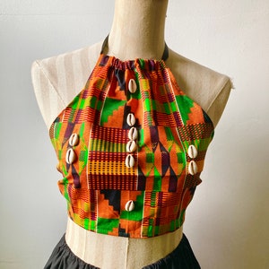 African Ankara Halter Top open back.. Choose a print or solid Kente + Cowrie shell