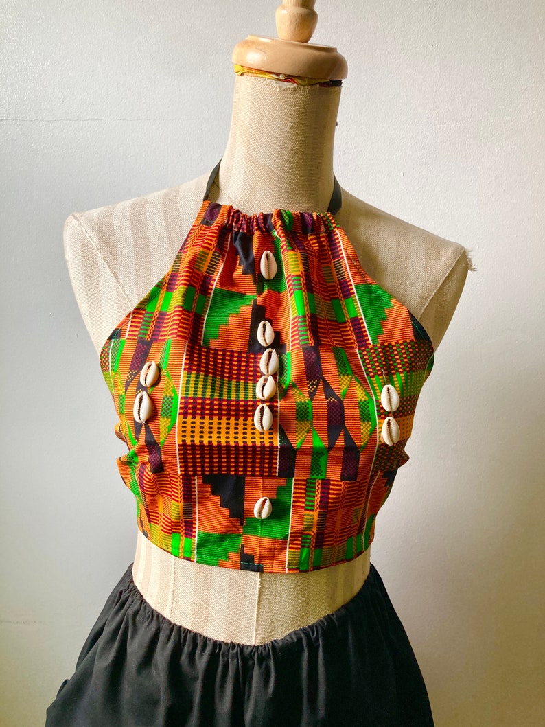 African Ankara Halter Top open back.. Choose a print or solid Kente + Cowrie shell