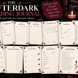 Könnte beinhalten: Ein 35-seitiges, druckbares Lesejournal mit dem Titel The Afterdark Reading Journal, bestehend aus cremefarbenen Seiten mit dunkelroten Rosenrändern. Enthält Vorlagen für Leseziele, Buchrezensionen, Spice-Ratings, Bingo und Lese-Challenges.