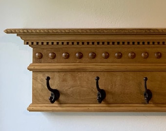 Coat Rack Wall Shelf, Entryway Organization, Dentil Crown Molding and Domes Mantel With Hooks