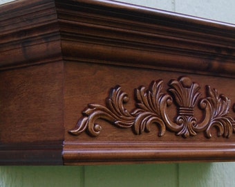Wooden Wall Shelf With A Decorative Appliqué, Stained Crown Molding Mantle, Ledge