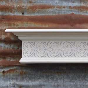 Antique White Stenciled Mantel - Wall Shelf - Crown Molding Shelf