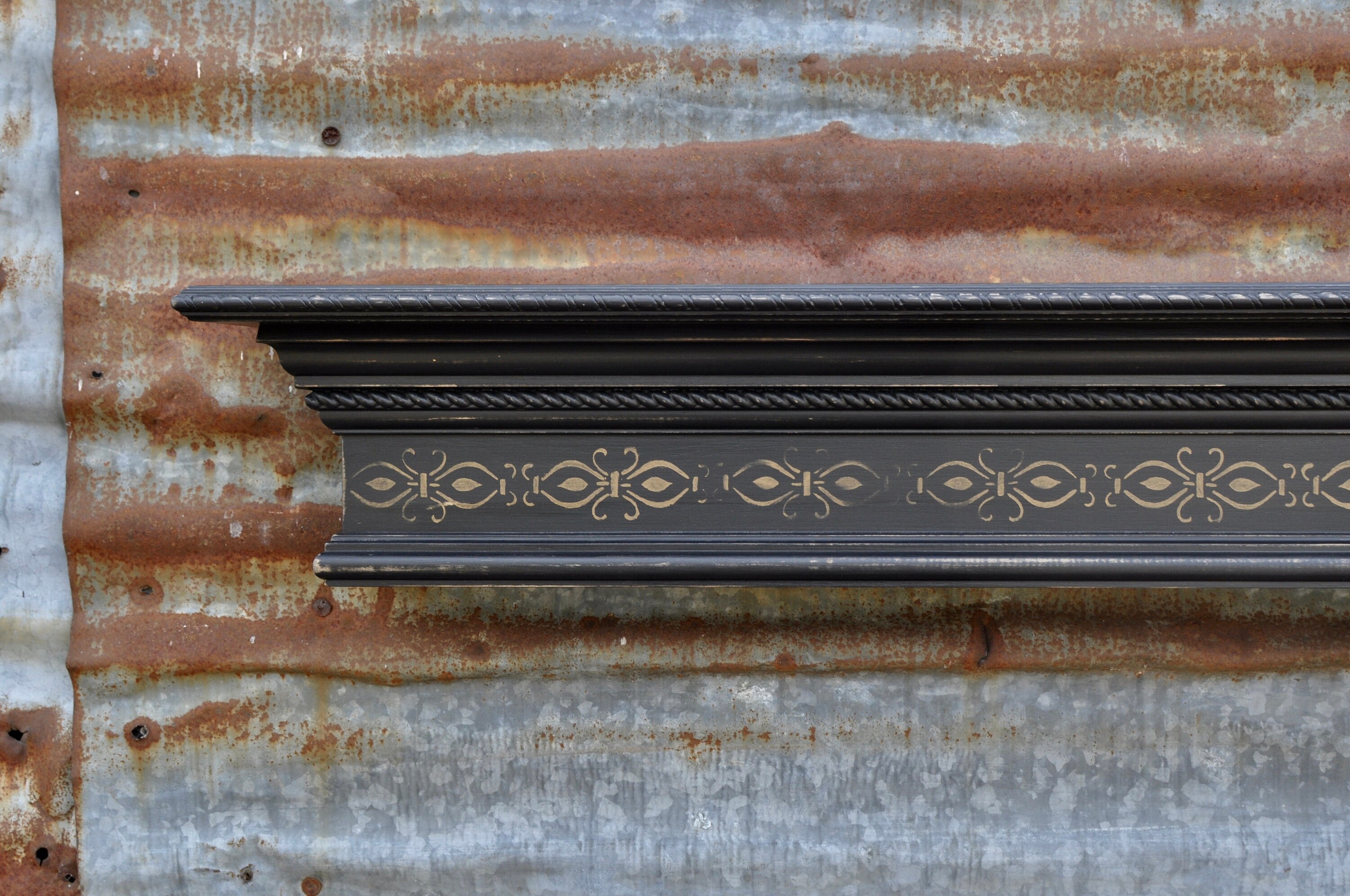 Black Fireplace Mantel Shelf With Gold Stencil Wooden Wall Etsy