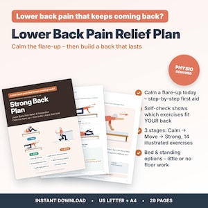 May include: A 29-page Lower Back Pain Relief Plan document featuring a Strong Back Plan cover, illustrated exercise guides, and step-by-step instructions. The text includes Lower Back Pain that keeps coming back, Physio Designed, and Calm the flare-up.