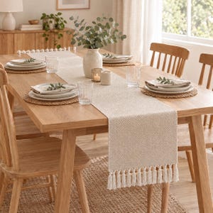 Woven Table Runner with Tassels, Cream Waffle, Herringbone or Jute-Look, Farmhouse Boho Dining Decor, Rustic Table Linen up to 200cm