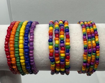 Rainbow Seed Bead Stretch Bracelet Set: Unisex Pride Jewelry
