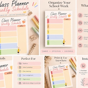 Peut inclure: Un modèle de planning hebdomadaire de cours imprimable présentant une mise en page colorée avec des sections pour chaque jour de la semaine du lundi au vendredi, une colonne de notes et un petit personnage crayon, en format numérique.