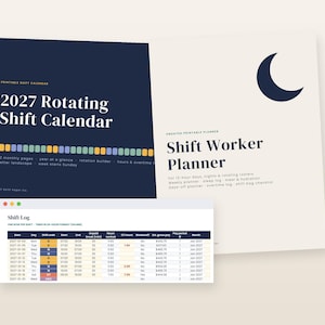 May include: A 2027 rotating shift calendar and shift worker planner set with a dark blue cover featuring a crescent moon icon. The set includes a printable shift log table with columns for date, day, shift code, start, end, break, and pay.