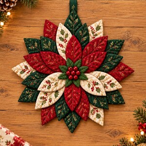 May include: A quilted fabric poinsettia ornament featuring layered, pointed petals in shades of deep red, dark green, and cream. The petals are decorated with gold-toned botanical patterns and holly motifs, centered with a cluster of small red berries.