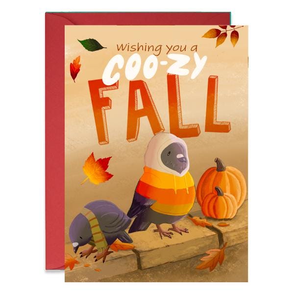 Printable Fall Greeting Card – Pumpkin Pigeon | Cute Cozy Autumn Art ...