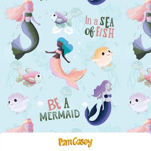 Afdrukbaar naadloos patroon Be a Mermaid – 12 x 12&quot; digitaal papier met zeemeerminnen, kogelvissen en kwallen Instant download JPG voor Crafts Stof